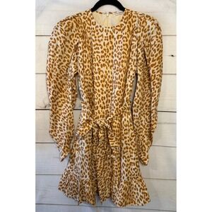 Ulla Johnson Leopard Print Silk Long Sleeve Belted Ruffle Dress Size 2